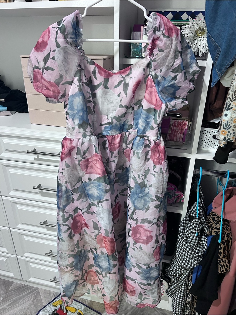 SHEIN Pink Floral Puff Sleeve Midi Dress with Blue Rose Print